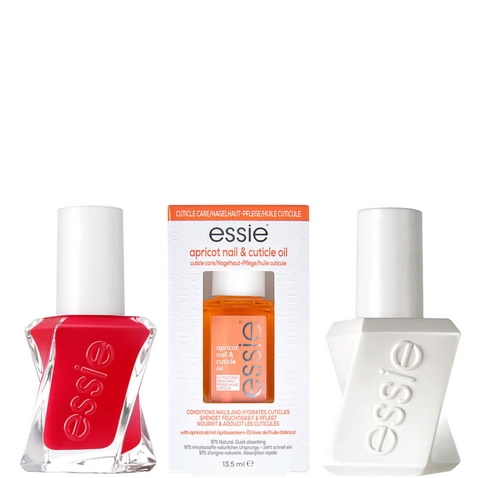essie Gel Red Nail Polish, Top Coat and Apricot Cuticle Oil Care Bundle