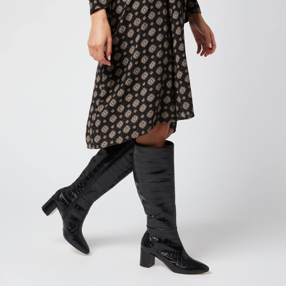 Dune Women s Saffia Croc Printed Leather Knee High Boots Black Allsole