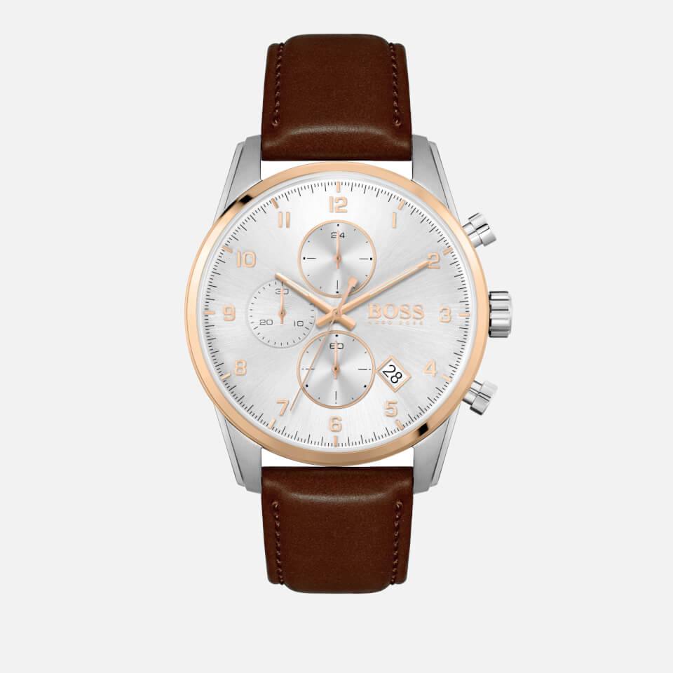 BOSS Hugo Boss Men's Skymaster Leather Strap Watch - White/Silver/Brown