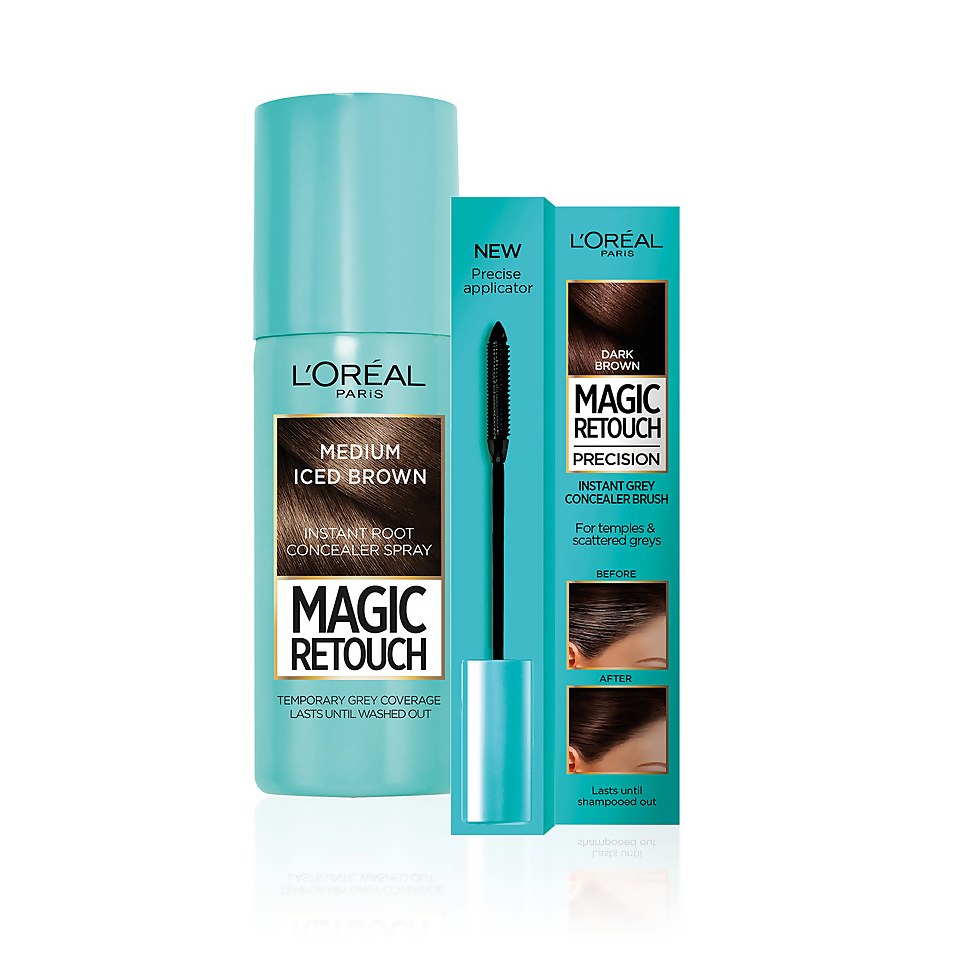 L'Oréal Paris Magic Retouch 9 Medium Iced Brown 75ml & Precision Instant Grey Concealer Brush Set