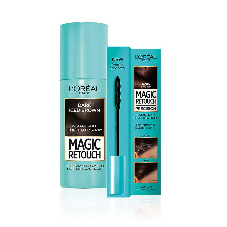 L'Oréal Paris Magic Retouch Dark Iced Brown 75ml & Precision Instant Grey Concealer Brush Set