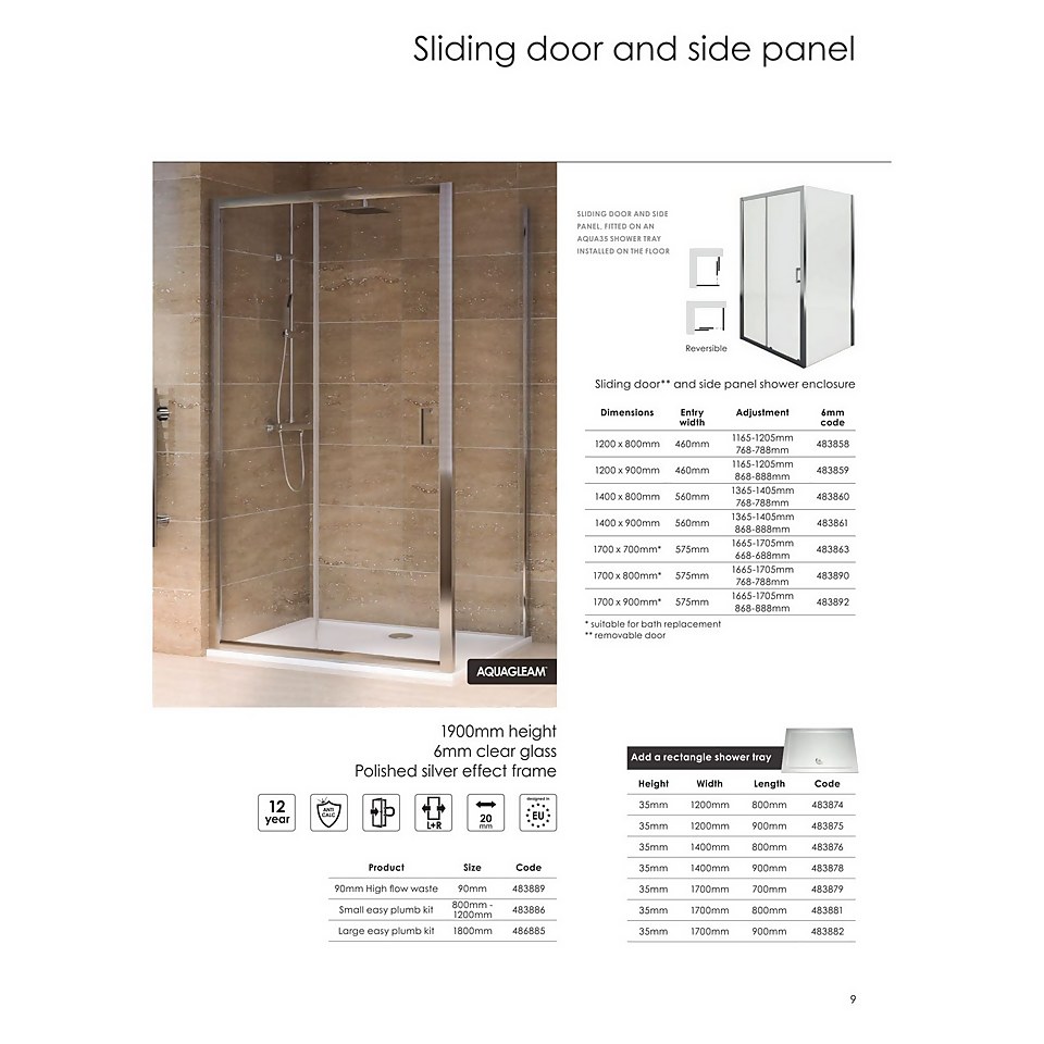 Aqualux Sliding Door 1700 x 800mm Shower Enclosure and Tray Package
