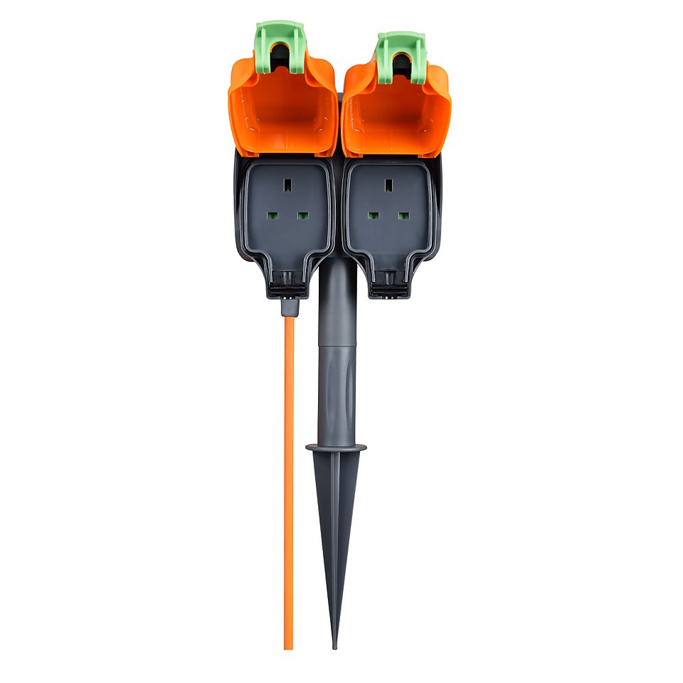 Masterplug 2 Socket Outdoor Spike with IP Rated Sockets 5m Black/Orange