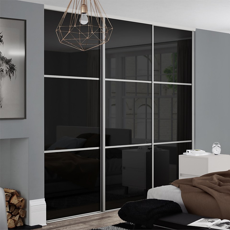 Linear Sliding Wardrobe Door 3 Panel Black Glass with Silver Frame (W)914mm