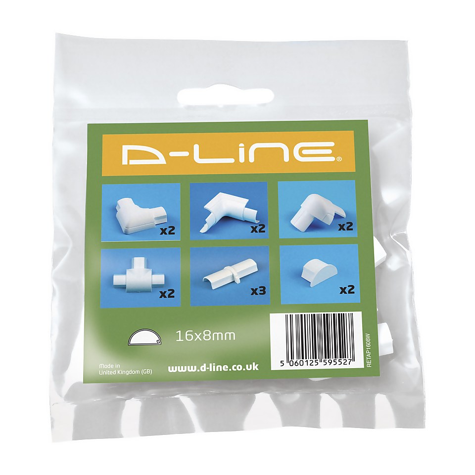 D-Line Micro Decorative Trunking Smooth Fit 13 Piece Accessory Multipack 16mm x 8mm White