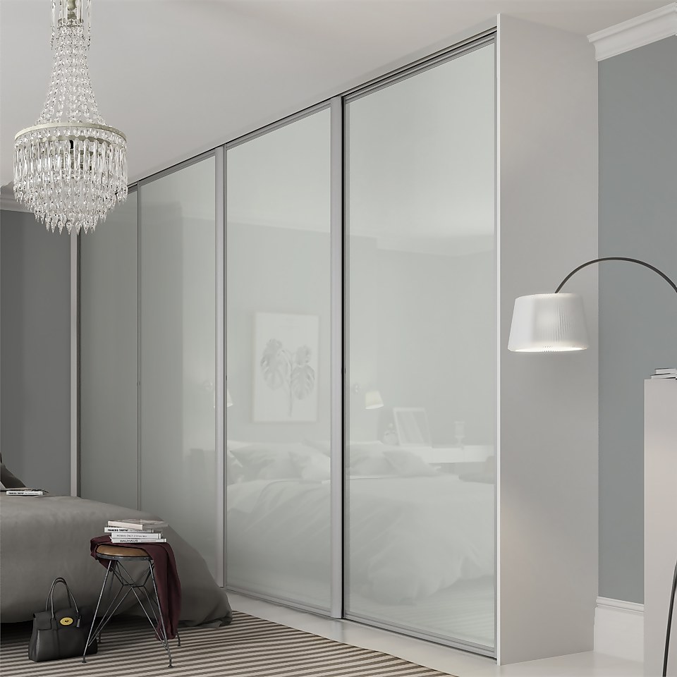 Ellipse Sliding Wardrobe Door 1 Panel Arctic White Glass with Aluminium Frame (W)762mm