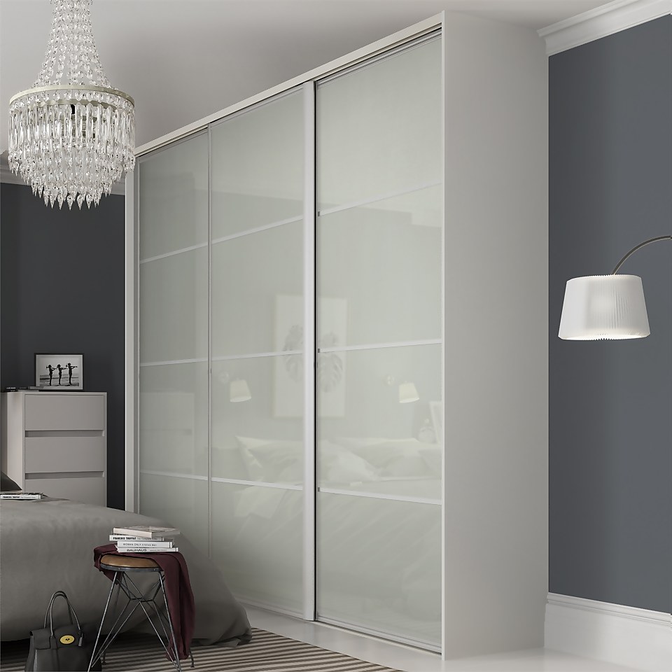 Ellipse Sliding Wardrobe Door 4 Panel Arctic White Glass with Aluminium Frame (W)610mm