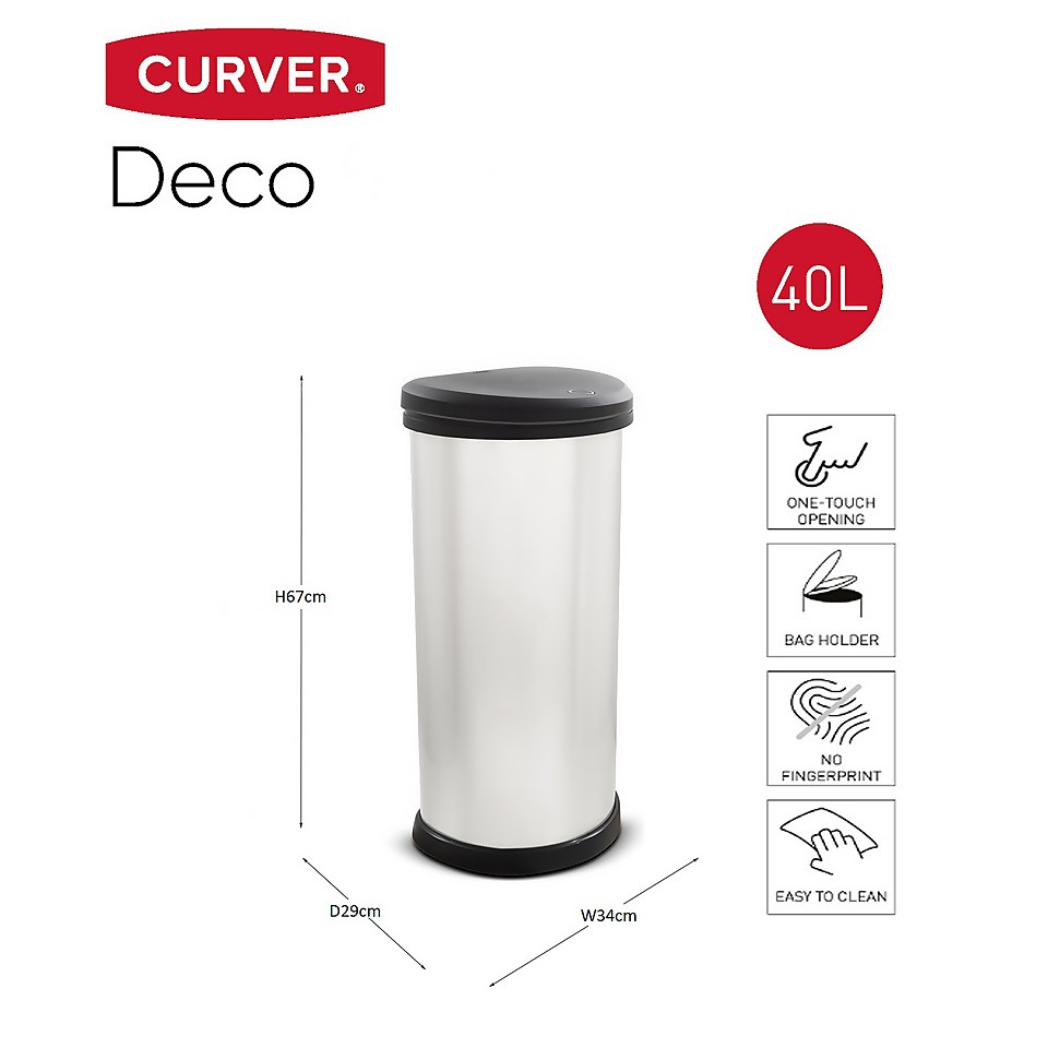 Curver One Touch Deco Bin 40L - Silver