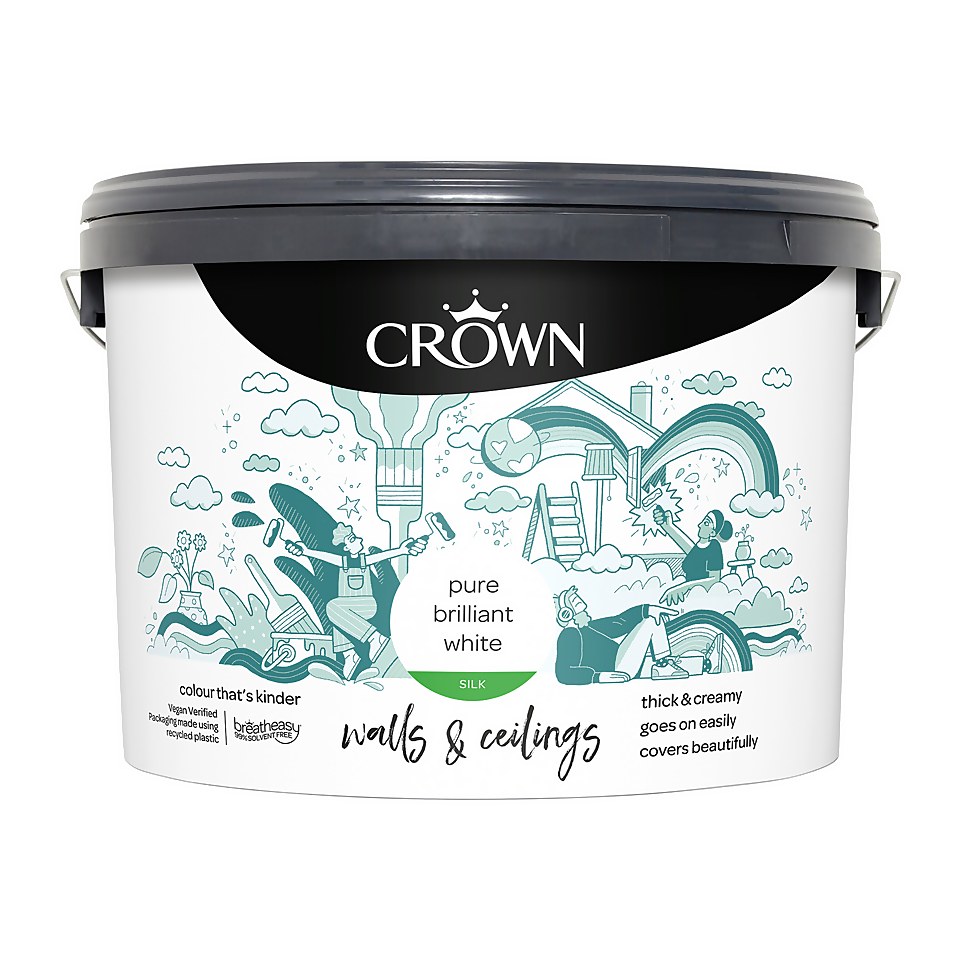 Crown Walls & Ceilings Silk Emulsion Paint Pure Brilliant White - 10L