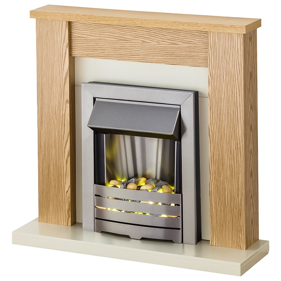 Adam Orlando Fireplace Surround & Helios Electric Fire with Flat to Wall Fitting - Oak, Cream & Brushed Steel Finish