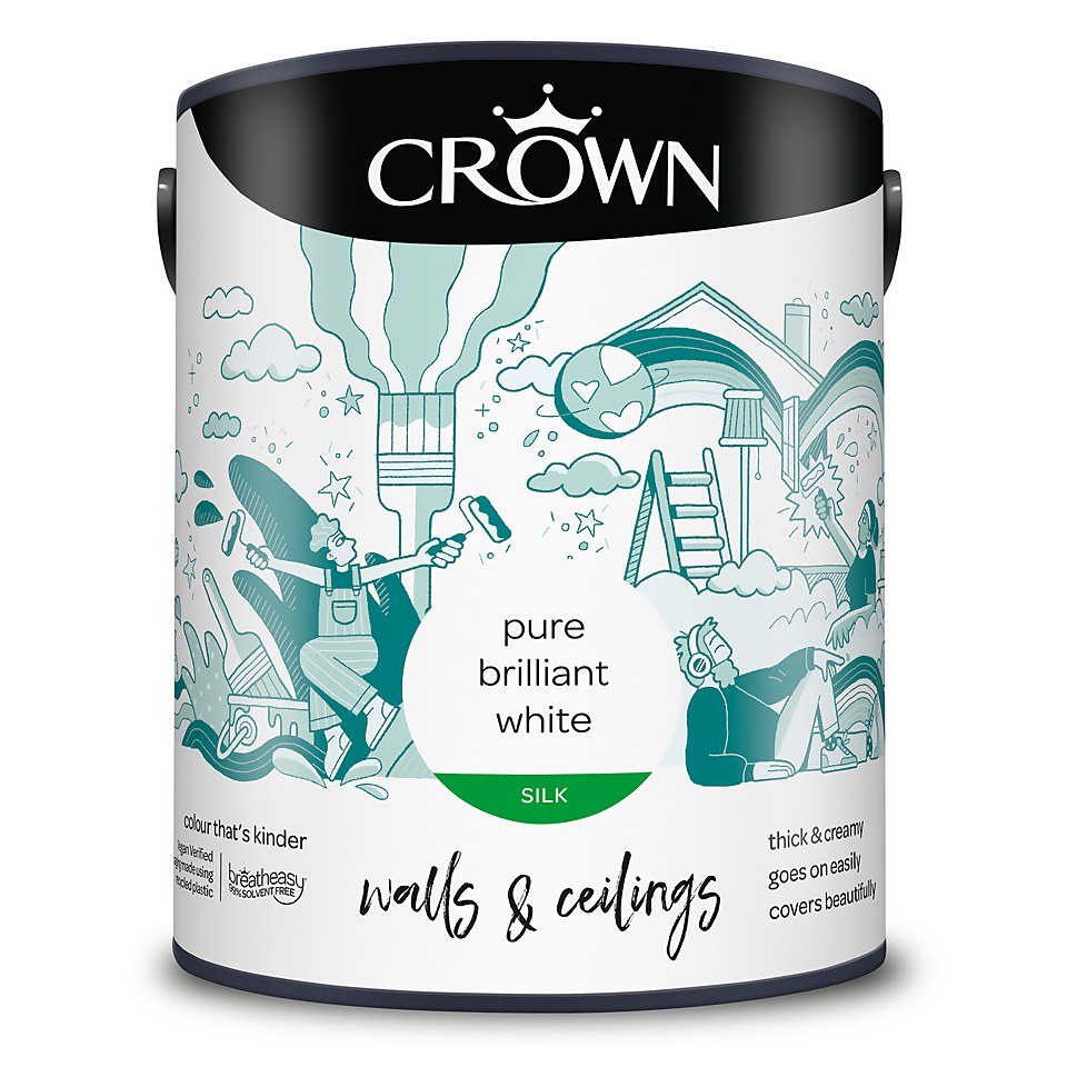 Crown Walls & Ceilings Silk Emulsion Paint Pure Brilliant White - 5L