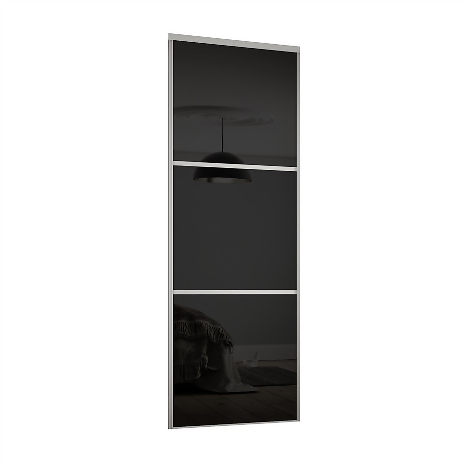 Linear Sliding Wardrobe Door 3 Panel Black Glass with Silver Frame (W)610mm