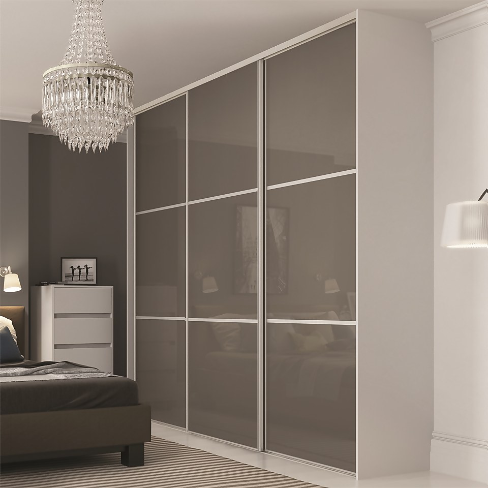 Linear Sliding Wardrobe Door 3 Panel Cappuccino Glass with Silver Frame (W)610mm