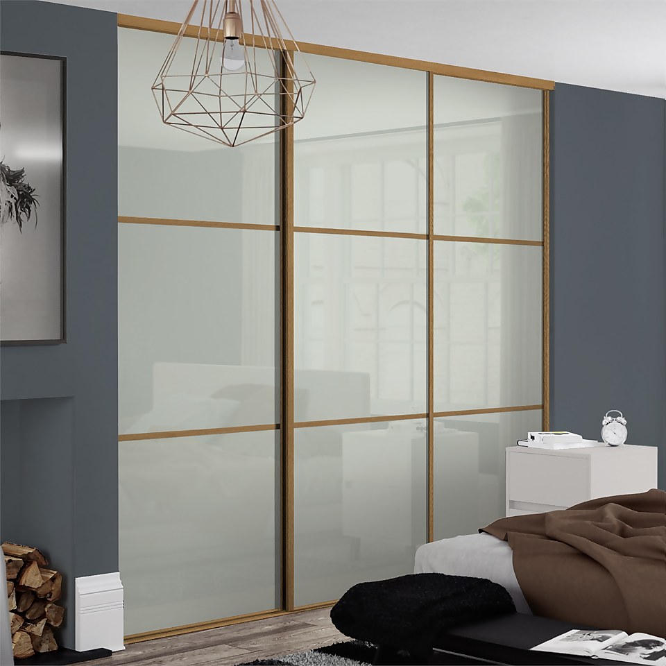Linear Sliding Wardrobe Door 3 Panel Arctic White Glass with Oak Frame (W)610mm