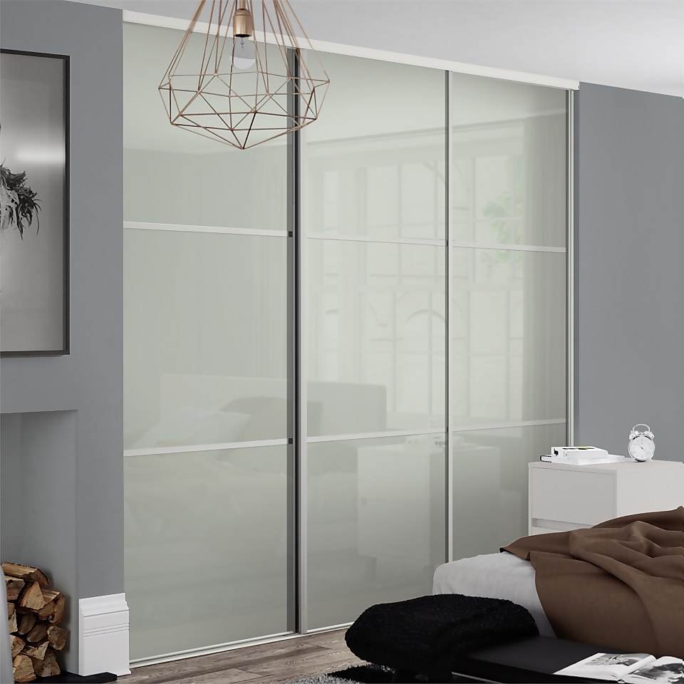 Linear Sliding Wardrobe Door 3 Panel Arctic White Glass with White Frame (W)762mm