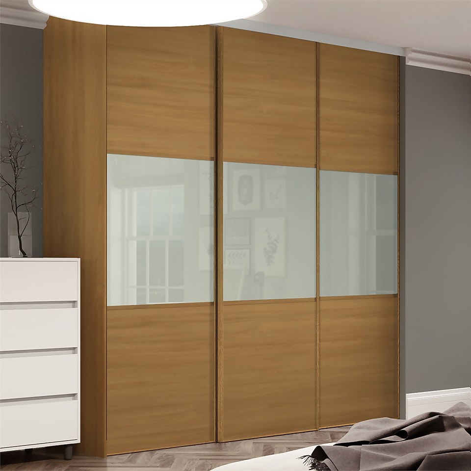 Linear Sliding Wardrobe Door 3 Panel Oak / Arctic White Glass with Oak Frame (W)762mm