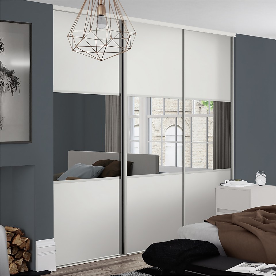 Linear Sliding Wardrobe Door 3 Panel White / Mirror with White Frame (W)914mm
