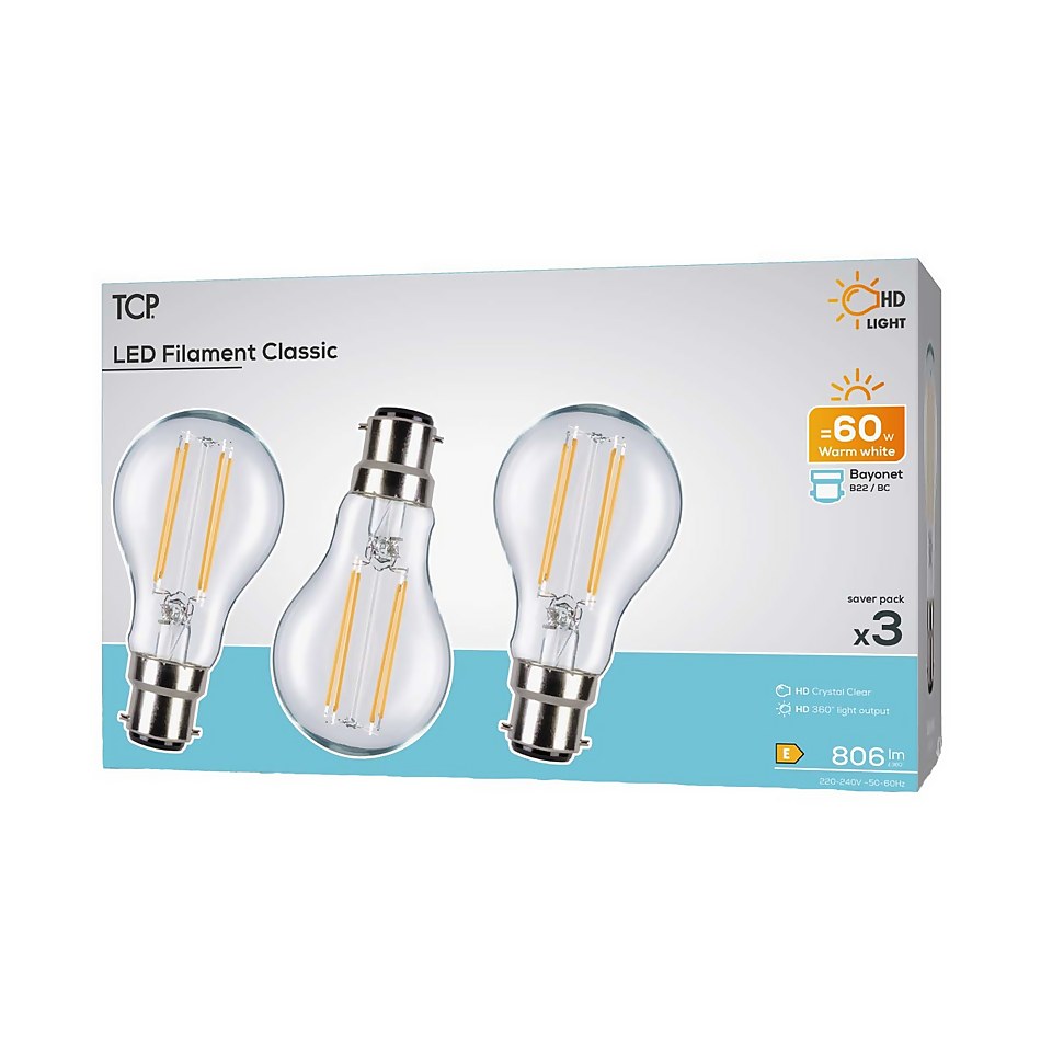TCP LED Filament Clear Classic 6W BC Light Bulb - 3 pack