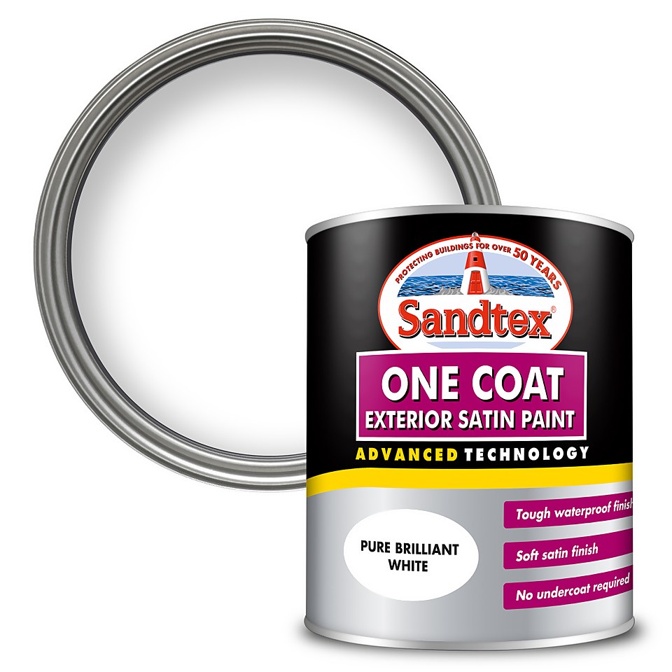 Sandtex Exterior One Coat Satin Paint Pure Brilliant White - 750ml