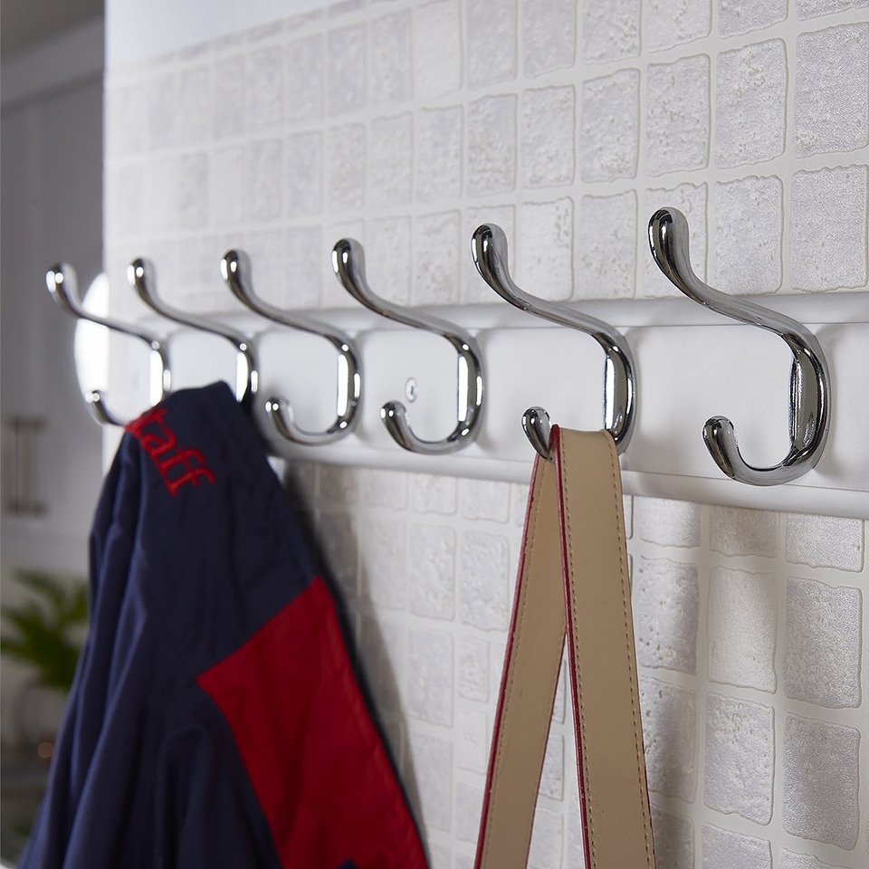 6 Coat Polished Chrome Hooks on White Stepped Board