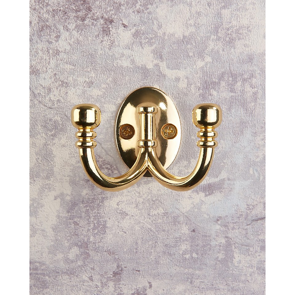 Ball End Double Robe Hook - Polished Brass