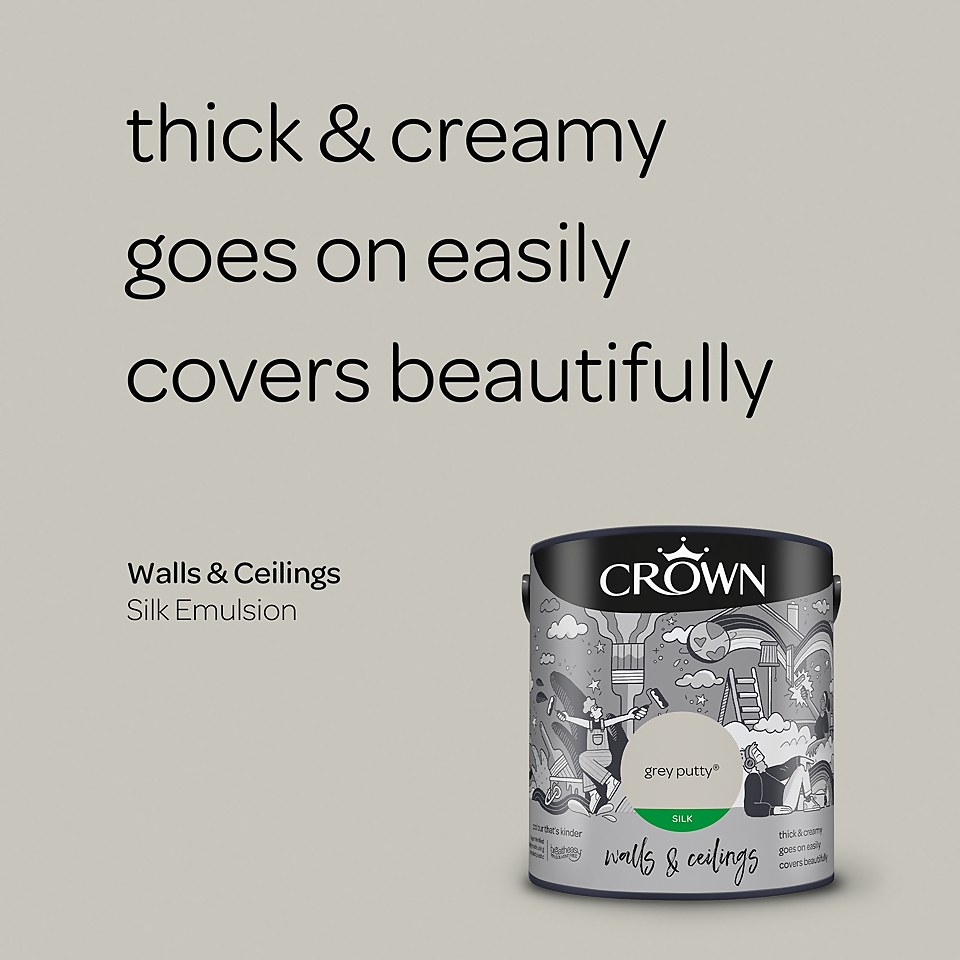 Crown Walls & Ceilings Silk Emulsion Paint Grey Putty - 2.5L