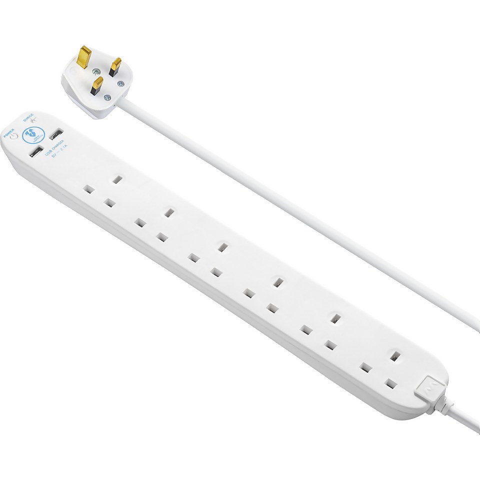 Masterplug 6 Socket 2 USB Surge Extension Lead 2m White