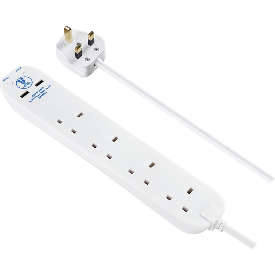 Masterplug 4 Socket 2 USB Surge Extension Lead 2m White