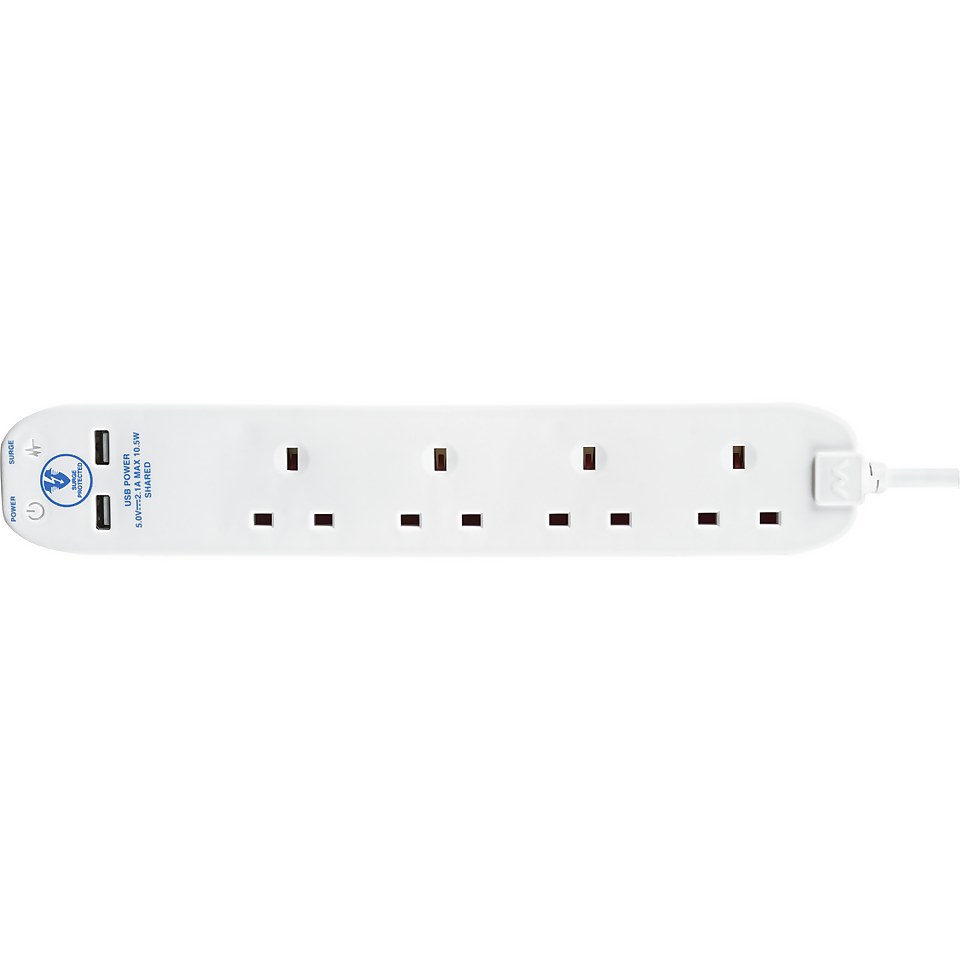 Masterplug 4 Socket 2 USB Surge Extension Lead 2m White
