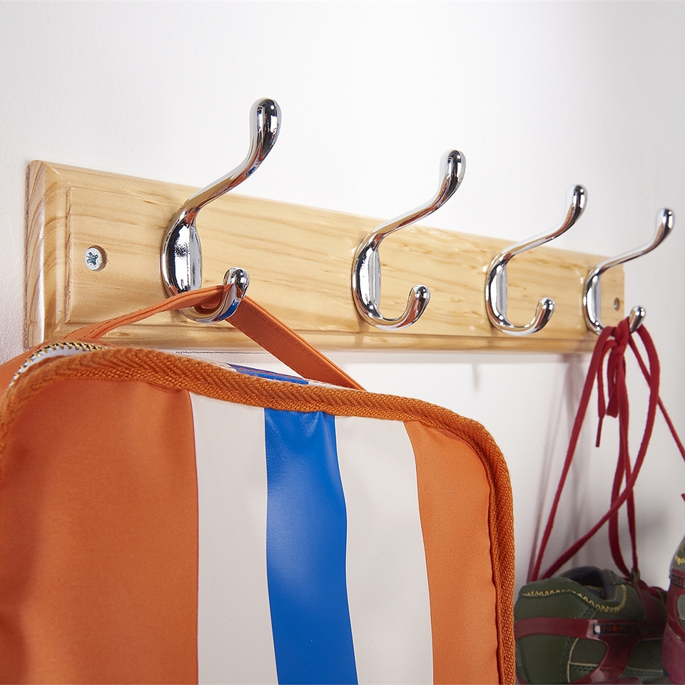 4 Coat Polished Chrome Hooks on Pine Stepped Board Homebase