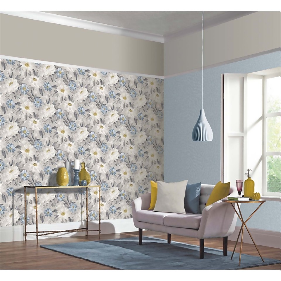 Arthouse Painted Dahlia Floral Smooth Grey Multi Coloured Wallpaper