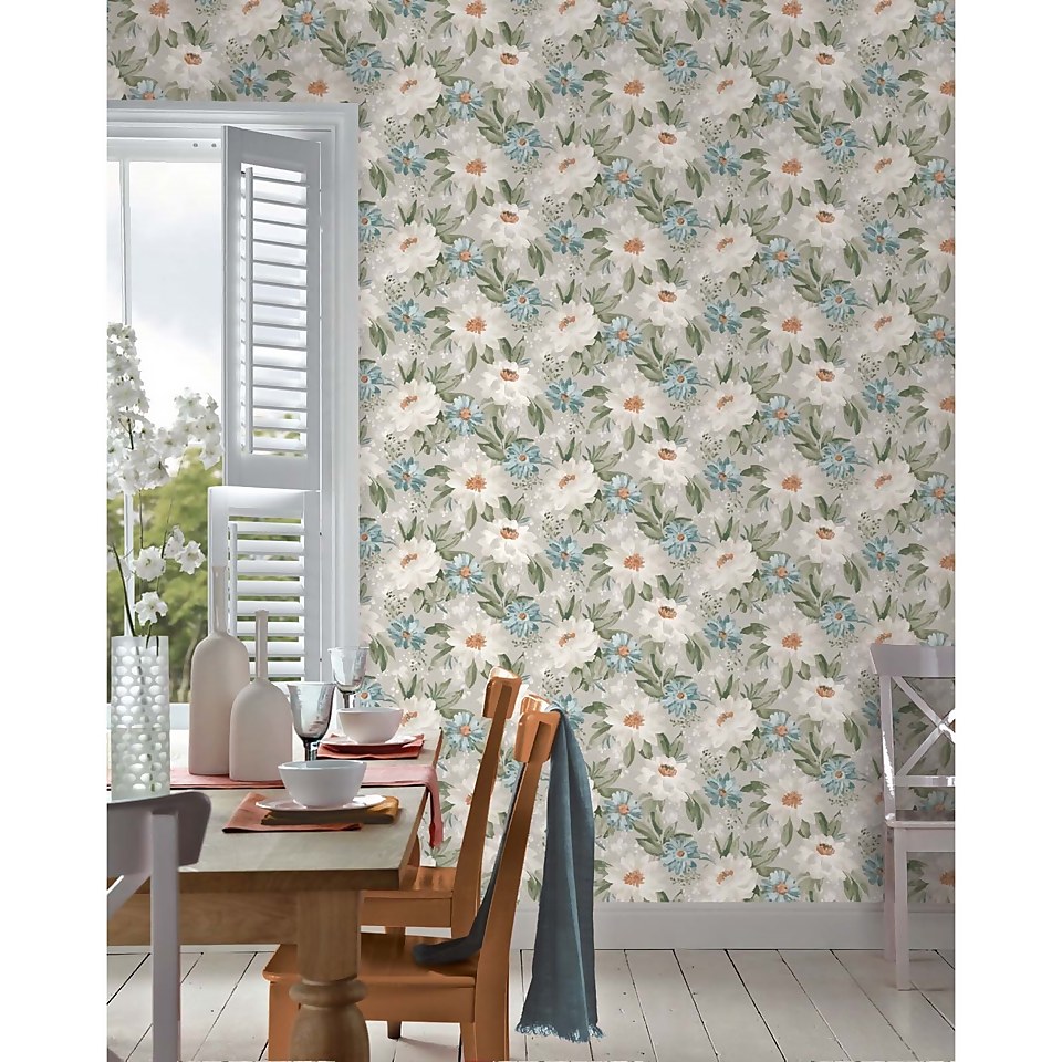 Arthouse Painted Dahlia Floral Smooth Green Multi Coloured Wallpaper