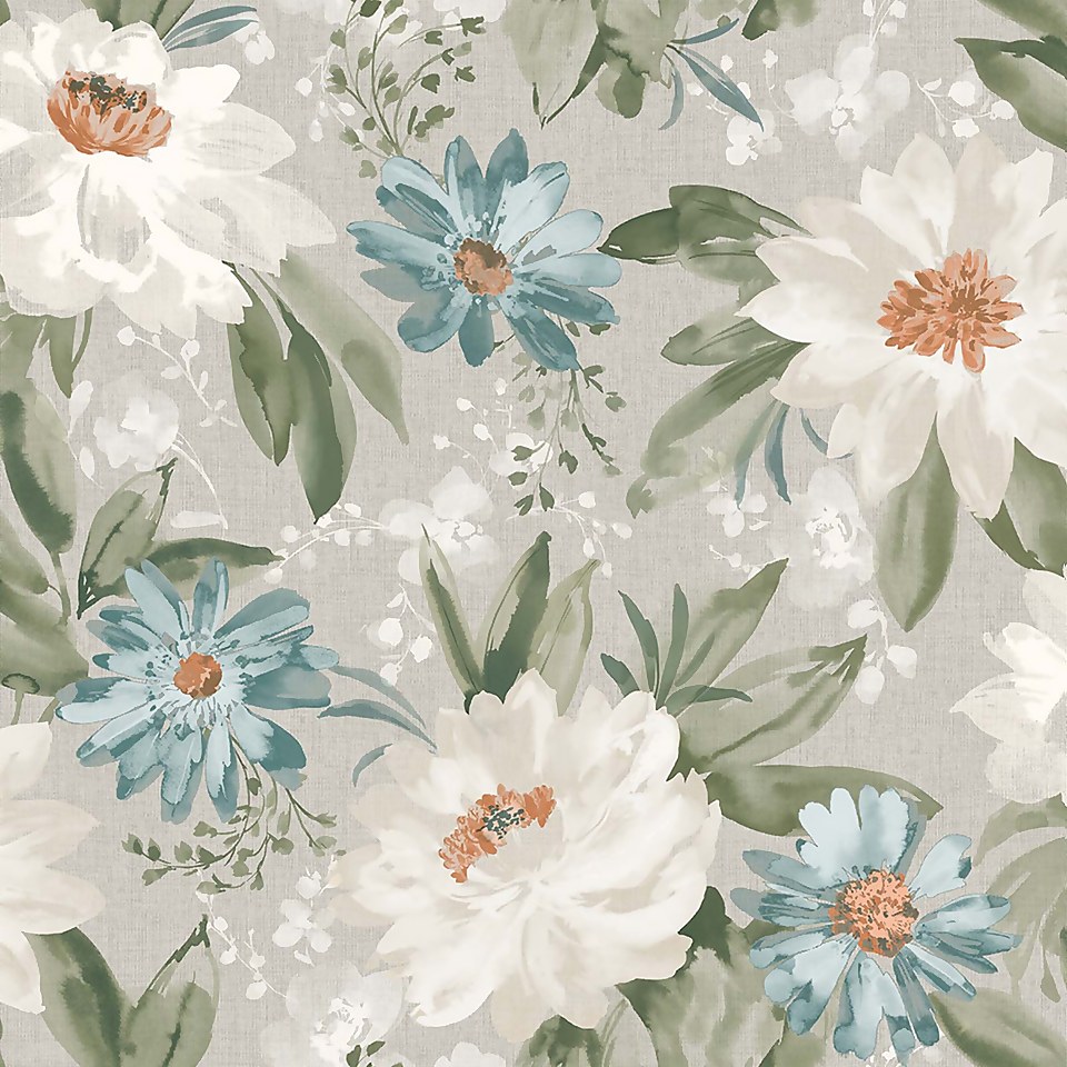 Arthouse Painted Dahlia Floral Smooth Green Multi Coloured Wallpaper