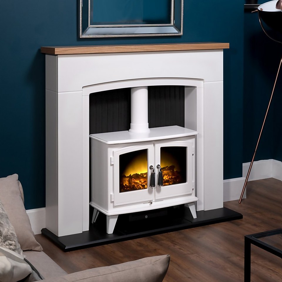 Adam Woodhouse Electric Stove with Realistic Log Bed & LED Flame Effect Flat to Wall Fitting - White
