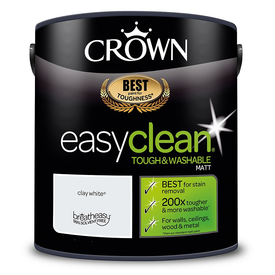Crown Easyclean Washable & Wipeable Multi Surface Matt Paint Clay White - 2.5L