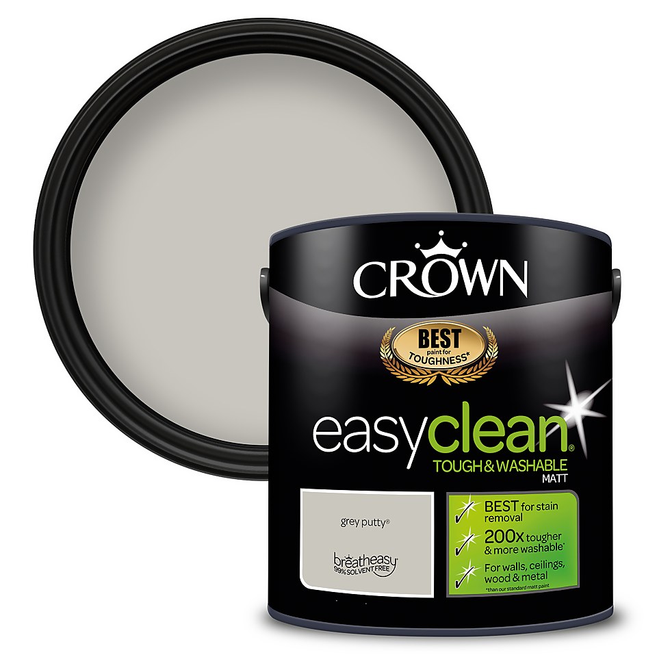 Crown Easyclean Washable & Wipeable Multi Surface Matt Paint Grey Putty - 2.5L