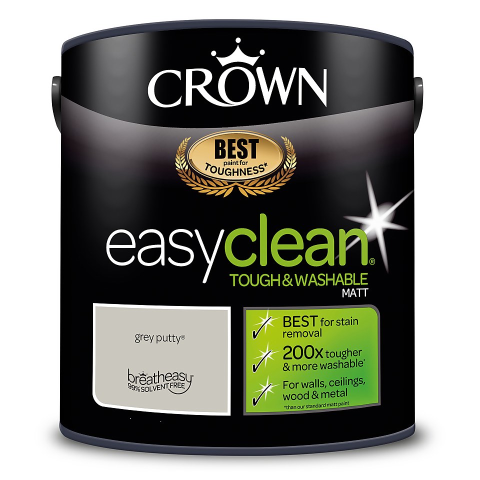 Crown Easyclean Washable & Wipeable Multi Surface Matt Paint Grey Putty - 2.5L