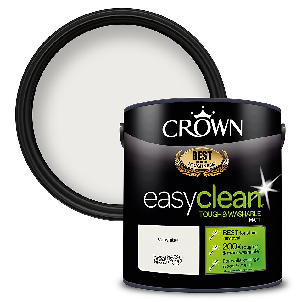 Crown Easyclean Washable & Wipeable Multi Surface Matt Paint Sail White - 2.5L