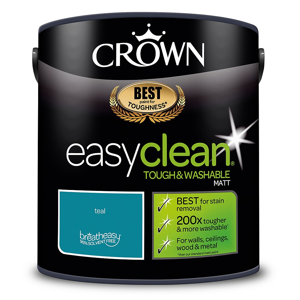 Crown Easyclean Washable & Wipeable Multi Surface Matt Paint Teal - 2.5L