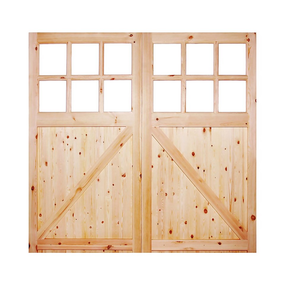 External Glazed Unfinished Redwood 12 Lite Rebated Garage Door Pair - 2135 x 2135mm