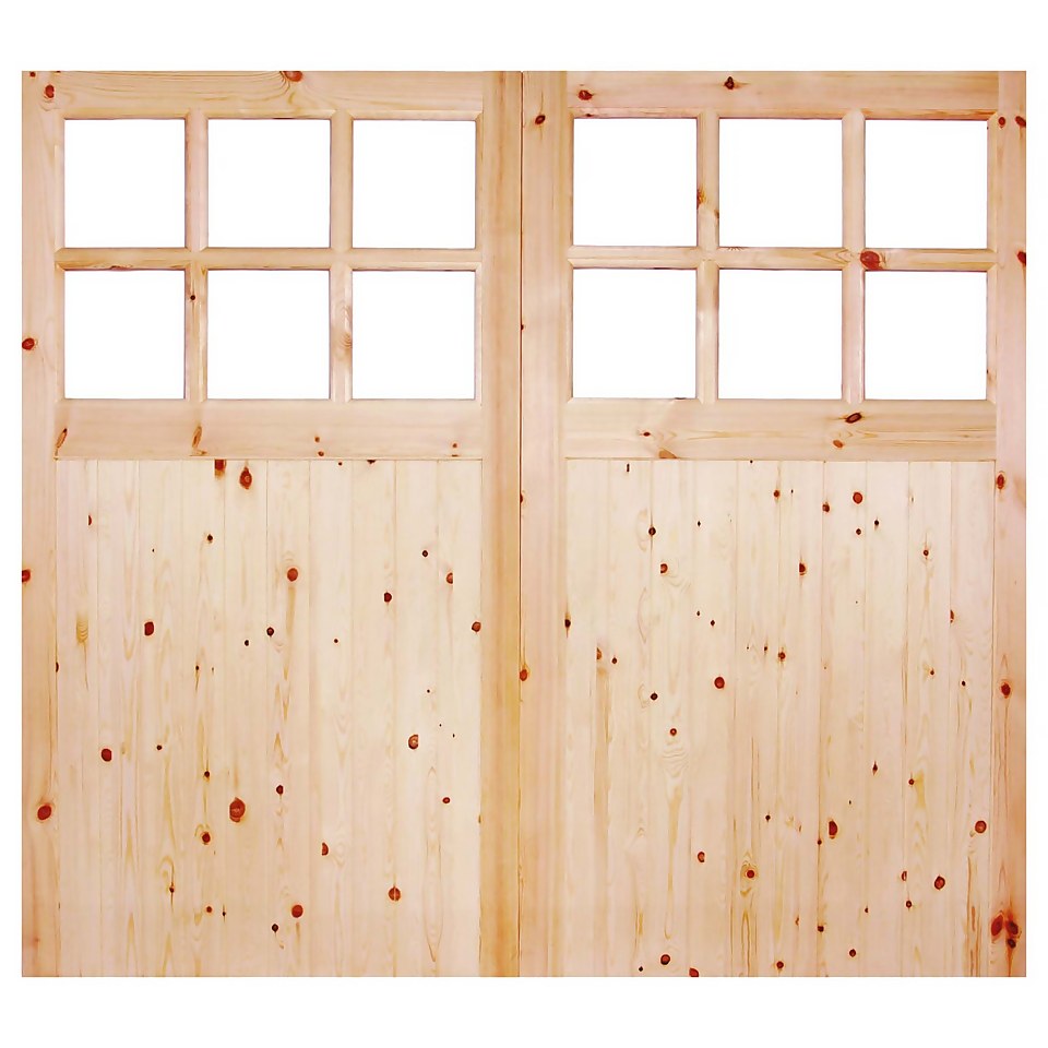 External Glazed Unfinished Redwood 12 Lite Rebated Garage Door Pair - 2135 x 2135mm