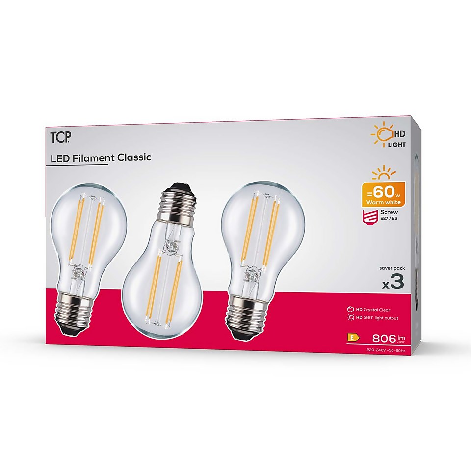 TCP Filament Classic 60W ES Clear Light Bulb - 3 pack