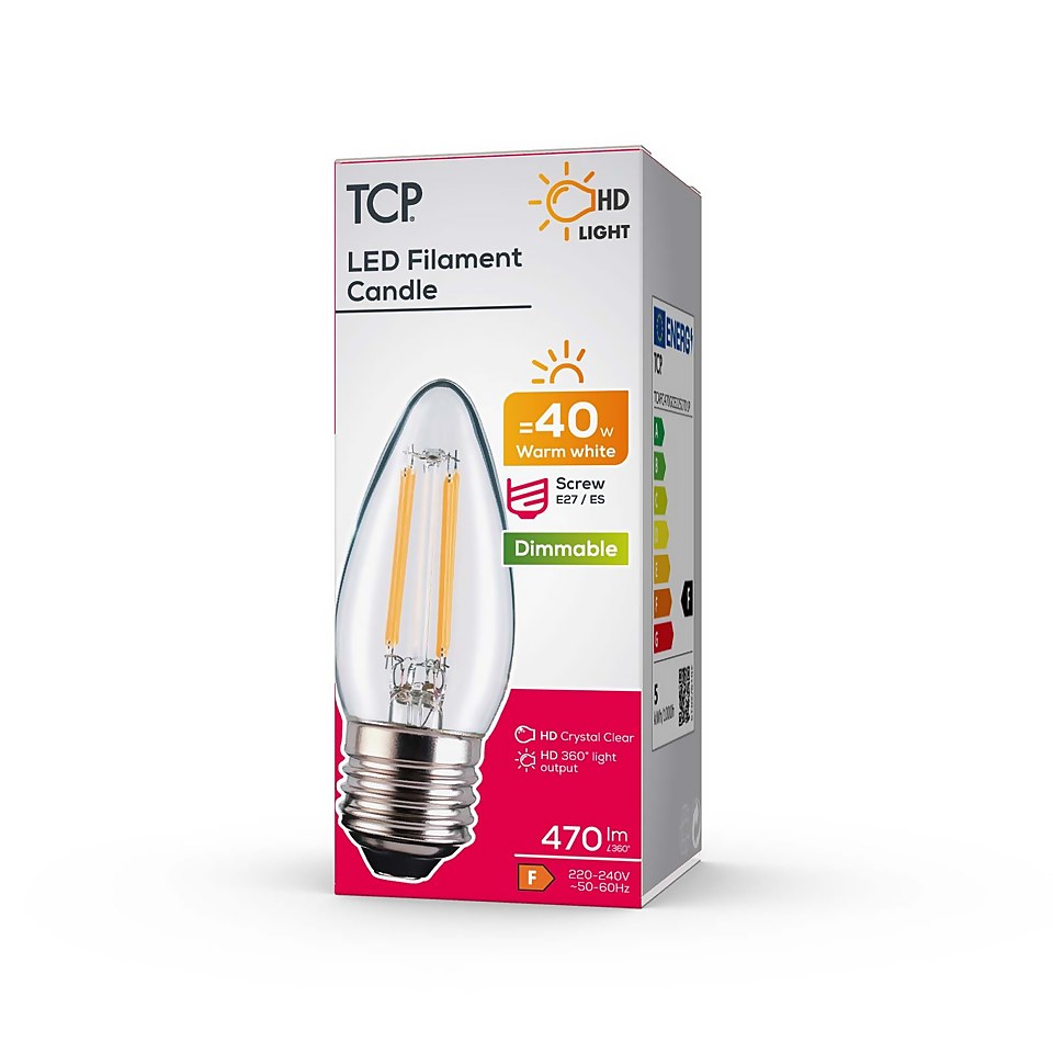 TCP Filament Candle Clear 40W ES Warm Dimmable Light Bulb