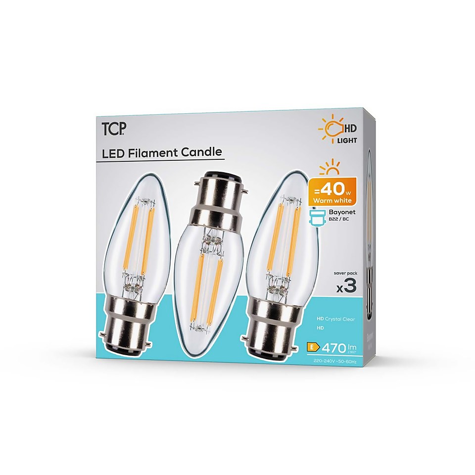 TCP Filament Candle Clear 40W BC Light Bulb - 3 pack