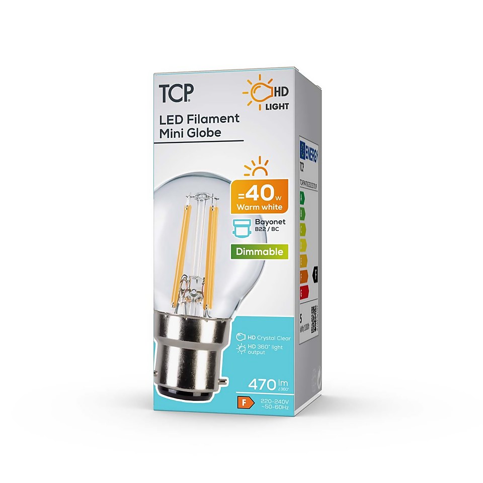 TCP Filament Globe Clear 40W BC Warm Dimmable Light Bulb