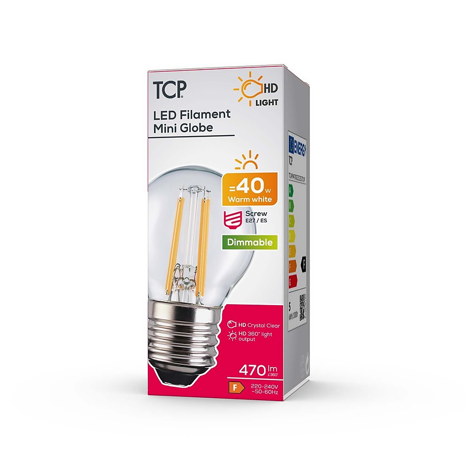 TCP Filament Globe Clear 40W ES Warm Dimmable Light Bulb
