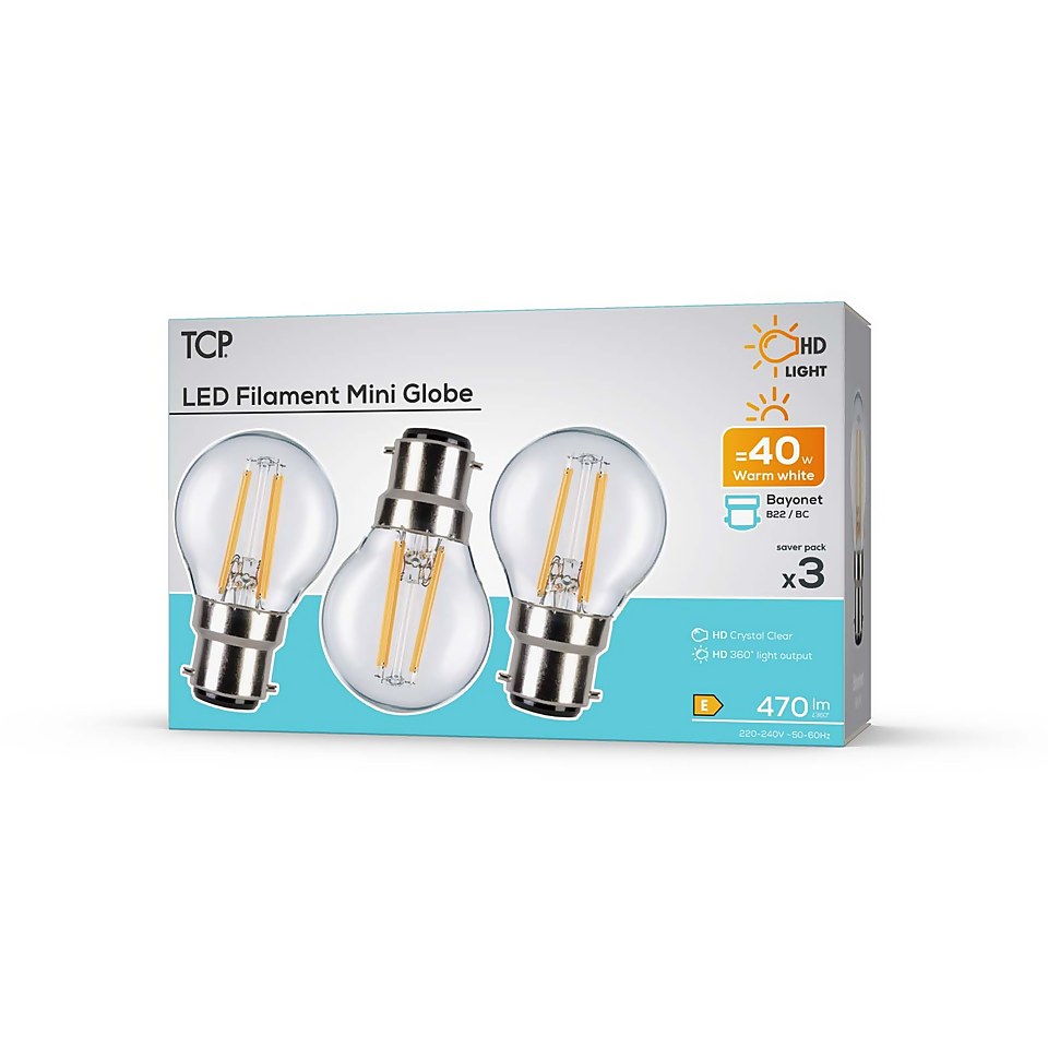 TCP Filament Globe Clear 40W BC Warm Light Bulb - 3 pack