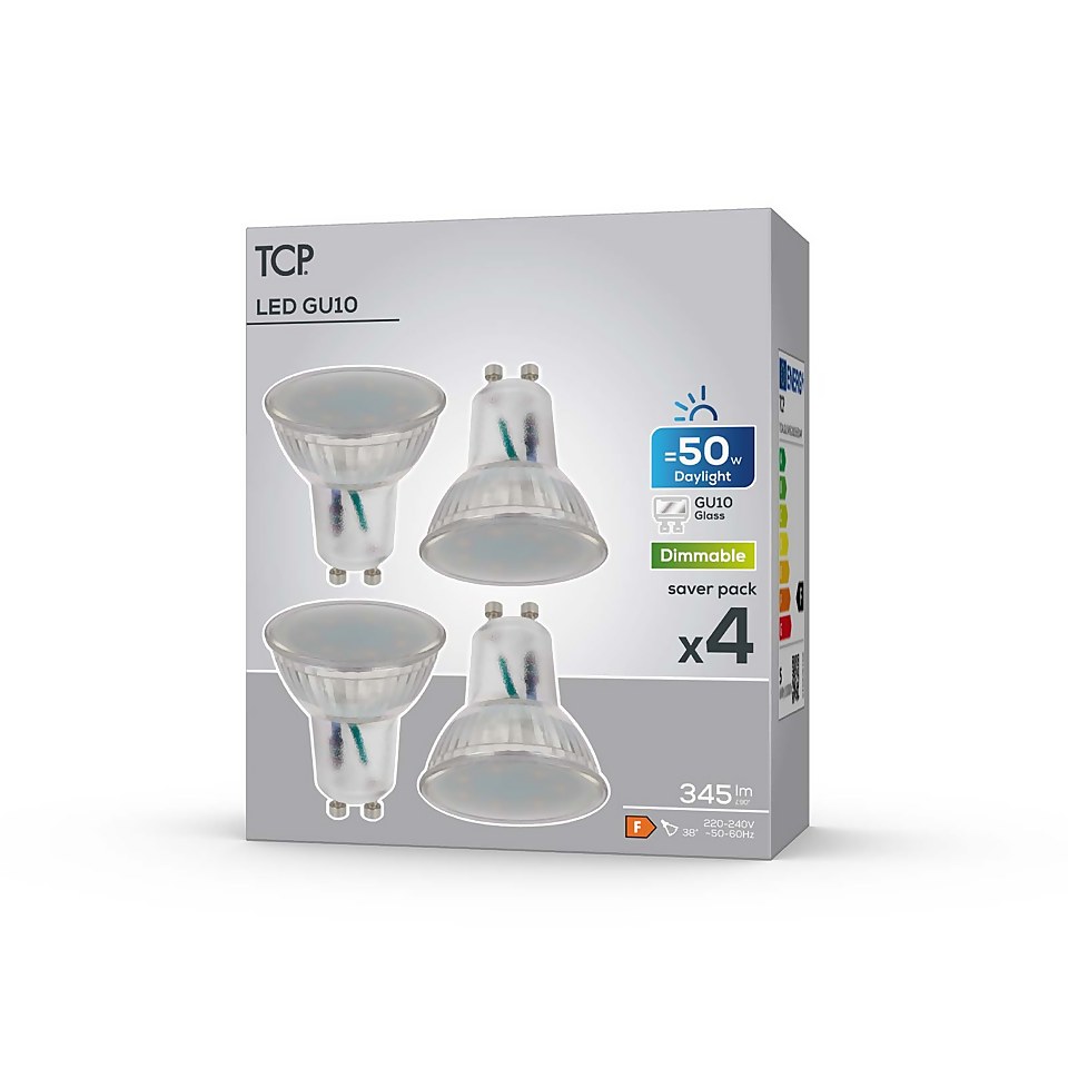 TCP LED Glass GU10 50W Cool Dimmable Light Bulb - 4 pack