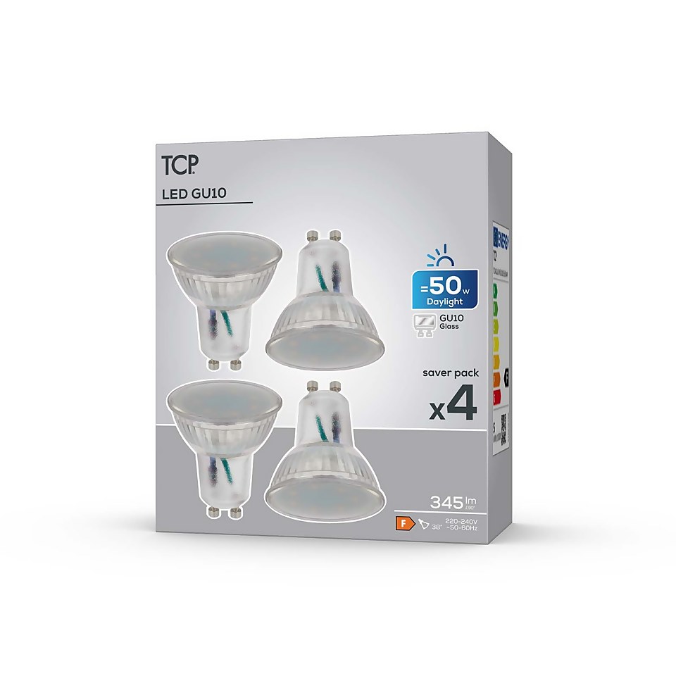 TCP LED Glass GU10 50W Cool Light Bulb - 4 pack