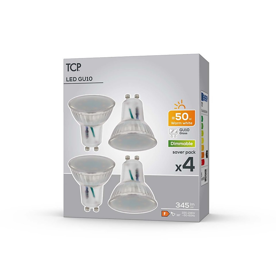 TCP LED Glass GU10 50W Warm Dimmable Light Bulb - 4 pack
